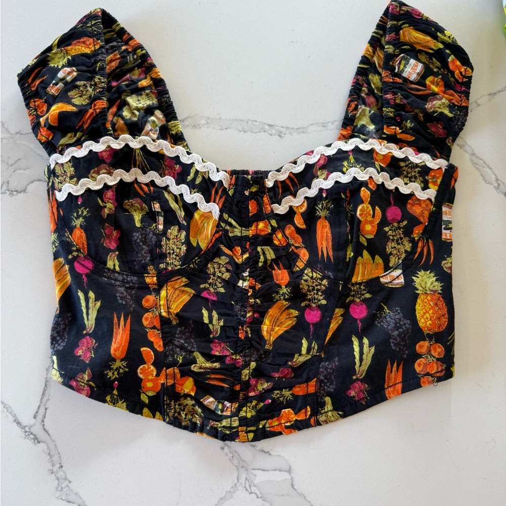 Urban Outfitters Veggie Printed Ruched Cap Sleeve Crop Blouse- Cropped